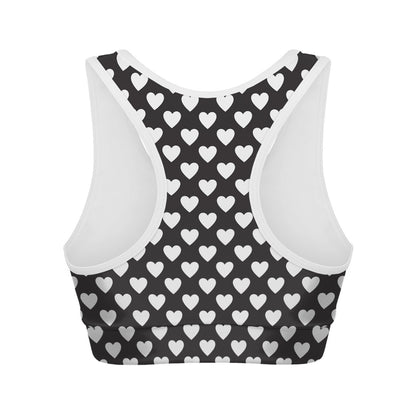 Black And White Heart Pattern Print Women's Sports Bra