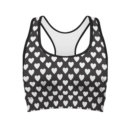 Black And White Heart Pattern Print Women's Sports Bra