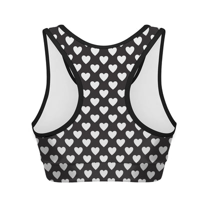 Black And White Heart Pattern Print Women's Sports Bra