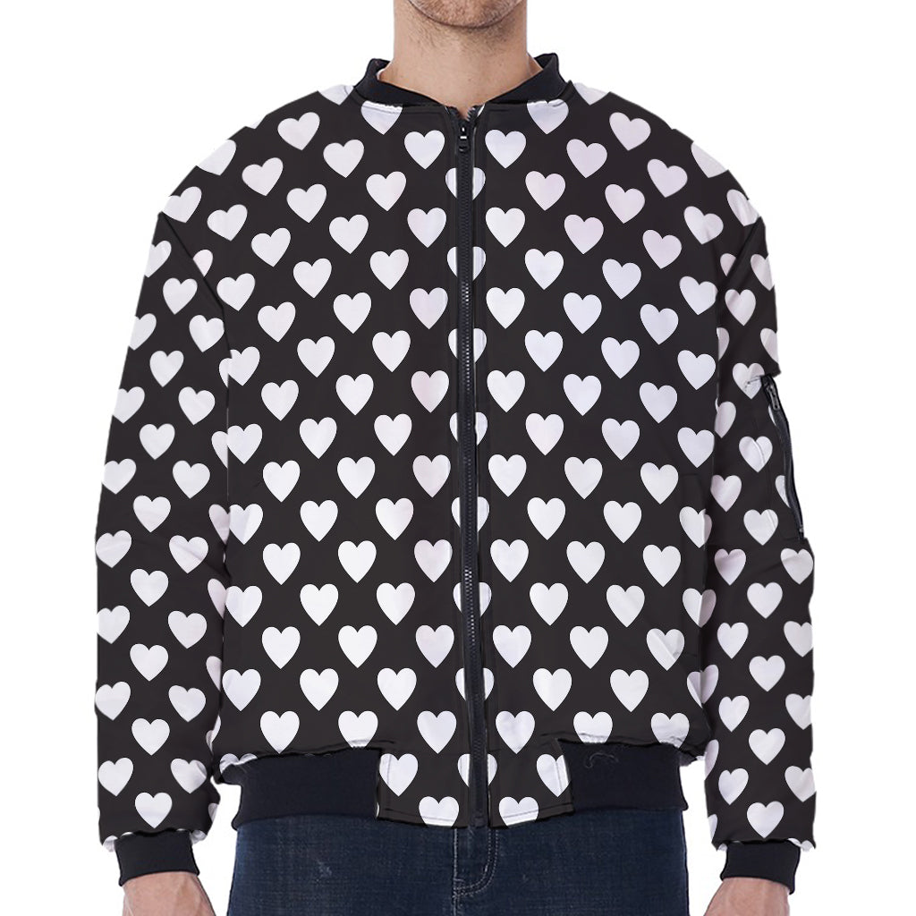 Black And White Heart Pattern Print Zip Sleeve Bomber Jacket
