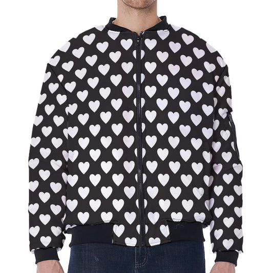 Black And White Heart Pattern Print Zip Sleeve Bomber Jacket