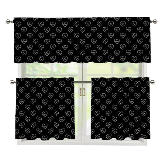 Black And White Heartbeat Pattern Print 3 Piece Kitchen Curtains