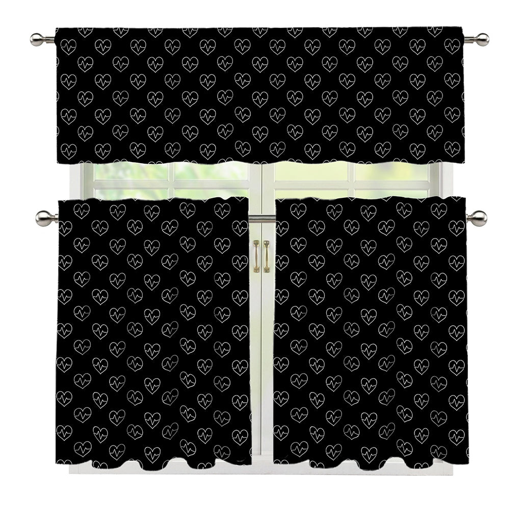 Black And White Heartbeat Pattern Print 3 Piece Kitchen Curtains