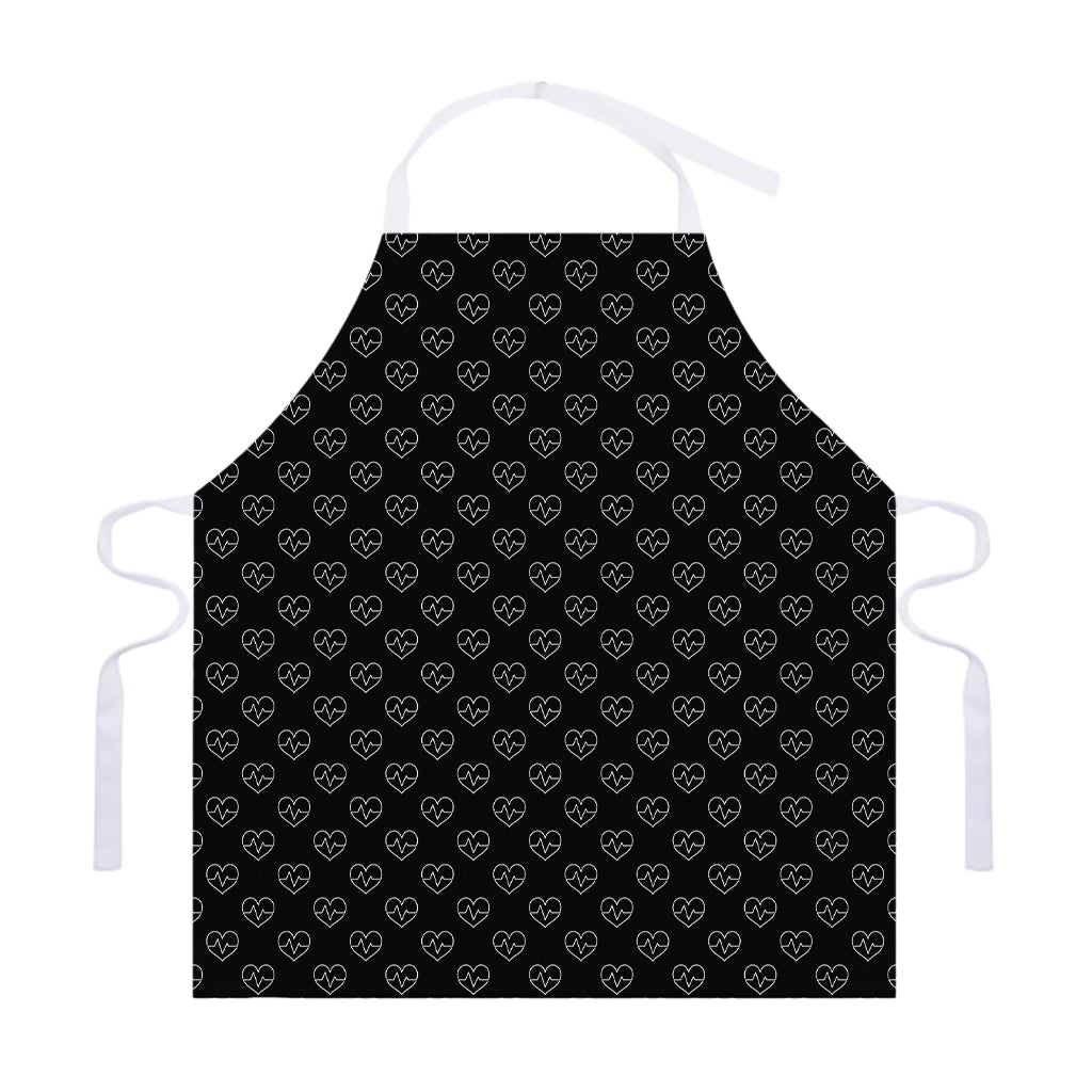 Black And White Heartbeat Pattern Print Adjustable Apron