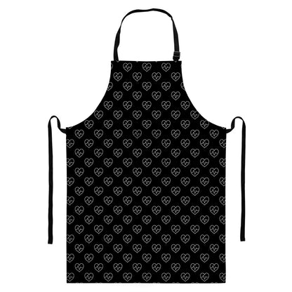 Black And White Heartbeat Pattern Print Bib Apron With Pocket