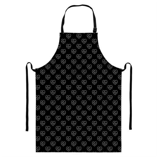 Black And White Heartbeat Pattern Print Bib Apron With Pocket