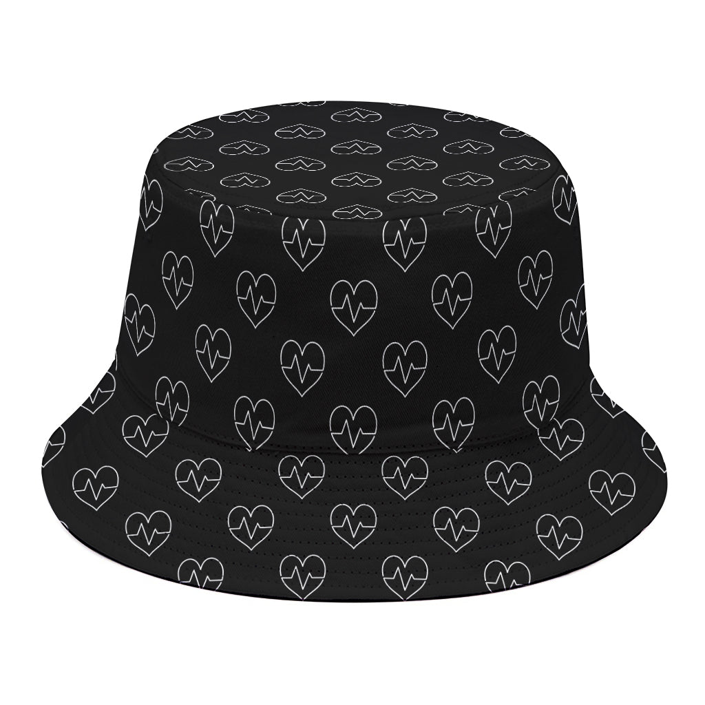 Black And White Heartbeat Pattern Print Bucket Hat
