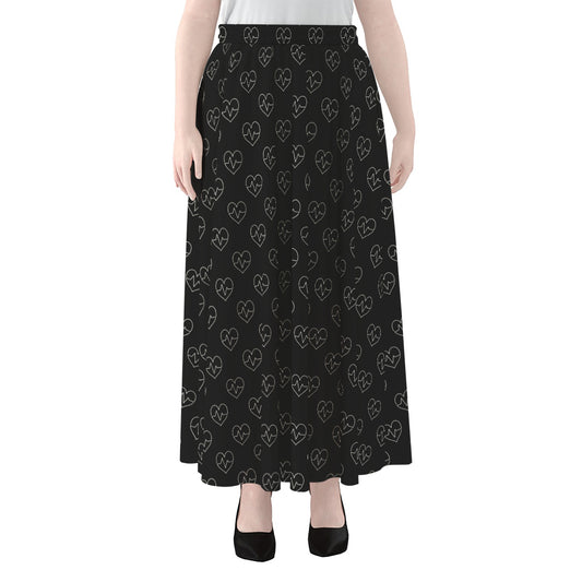 Black And White Heartbeat Pattern Print Chiffon Maxi Skirt