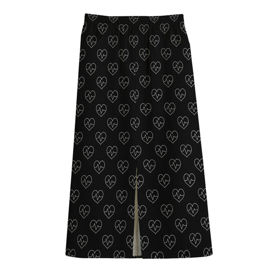 Black And White Heartbeat Pattern Print Cotton Front Slit Maxi Skirt