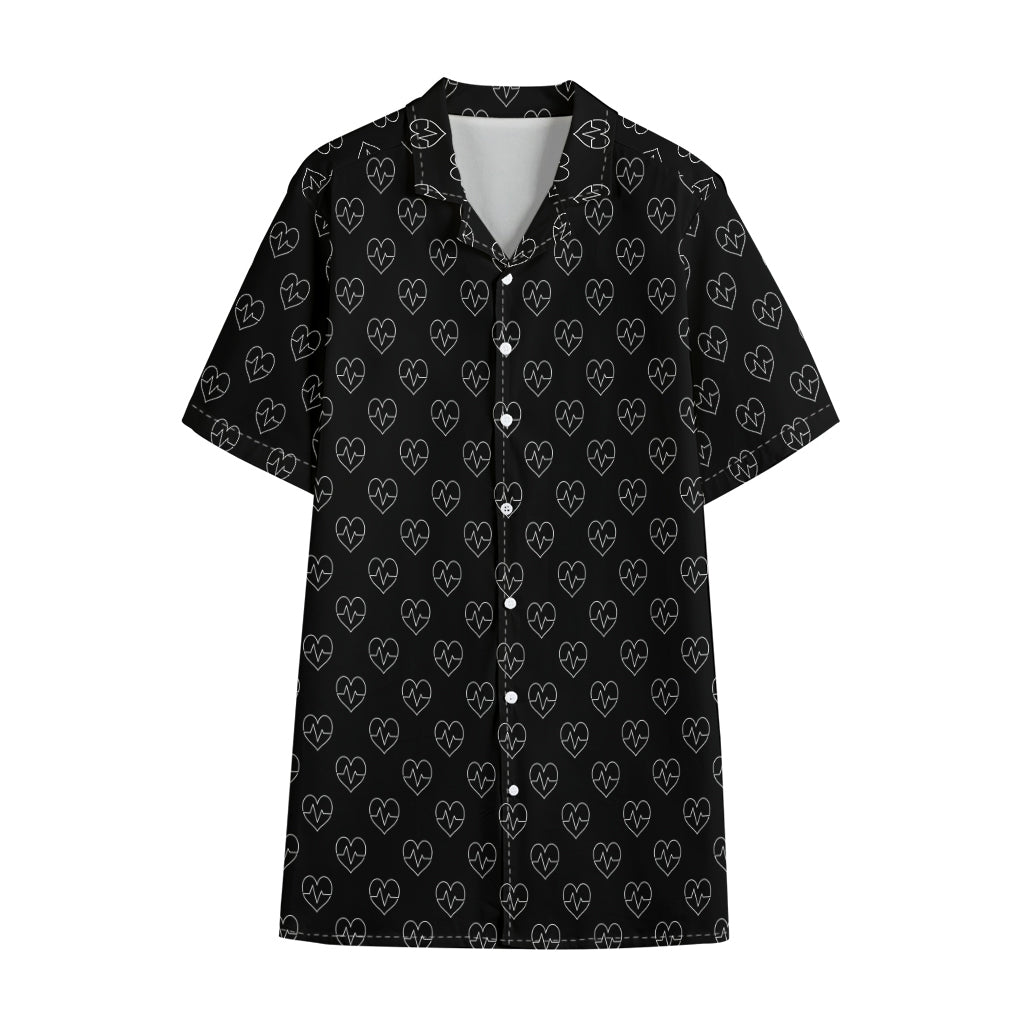 Black And White Heartbeat Pattern Print Cotton Hawaiian Shirt