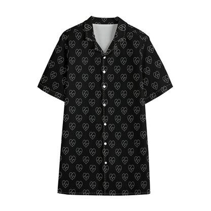 Black And White Heartbeat Pattern Print Cotton Hawaiian Shirt