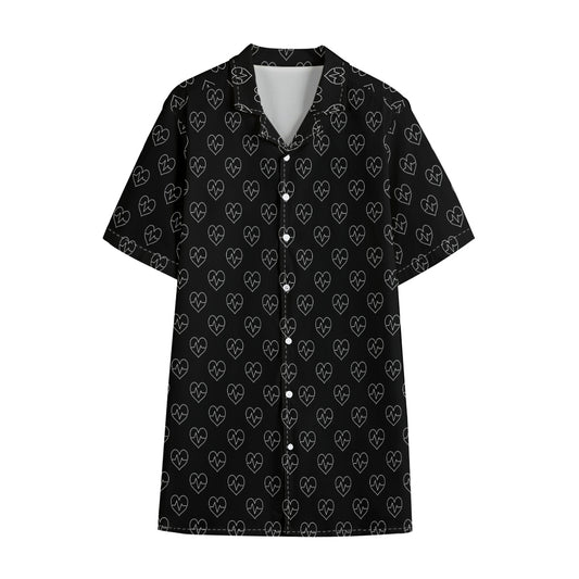 Black And White Heartbeat Pattern Print Cotton Hawaiian Shirt