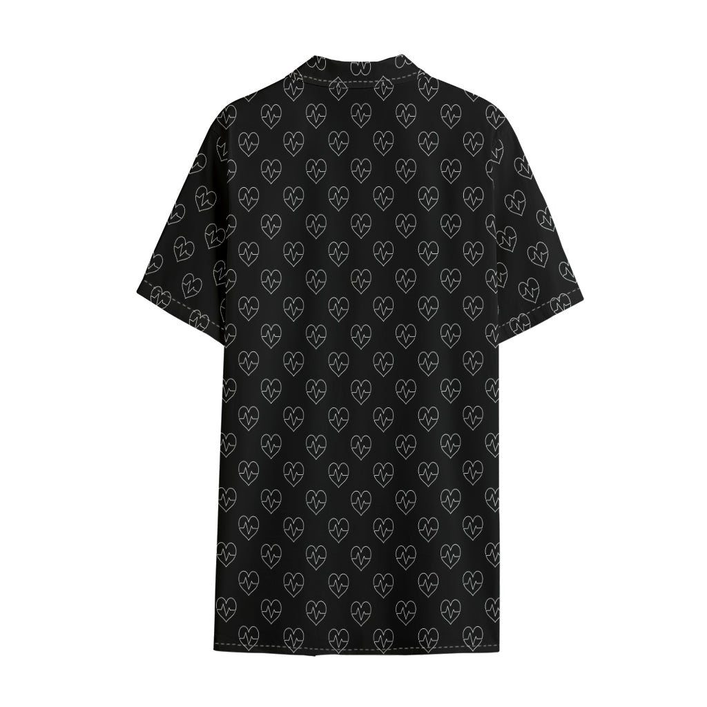 Black And White Heartbeat Pattern Print Cotton Hawaiian Shirt