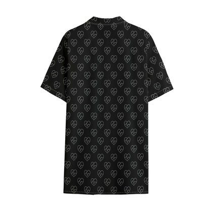 Black And White Heartbeat Pattern Print Cotton Hawaiian Shirt