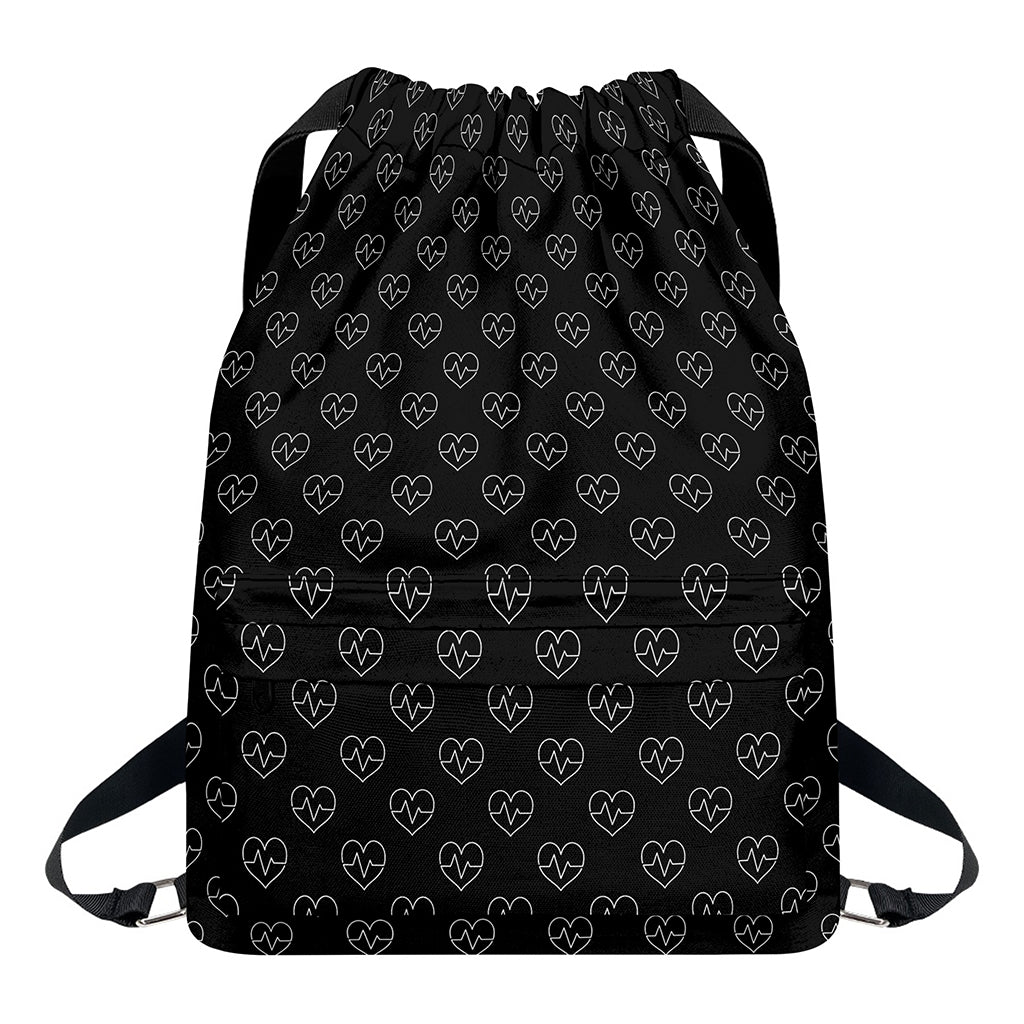 Black And White Heartbeat Pattern Print Drawstring Backpack