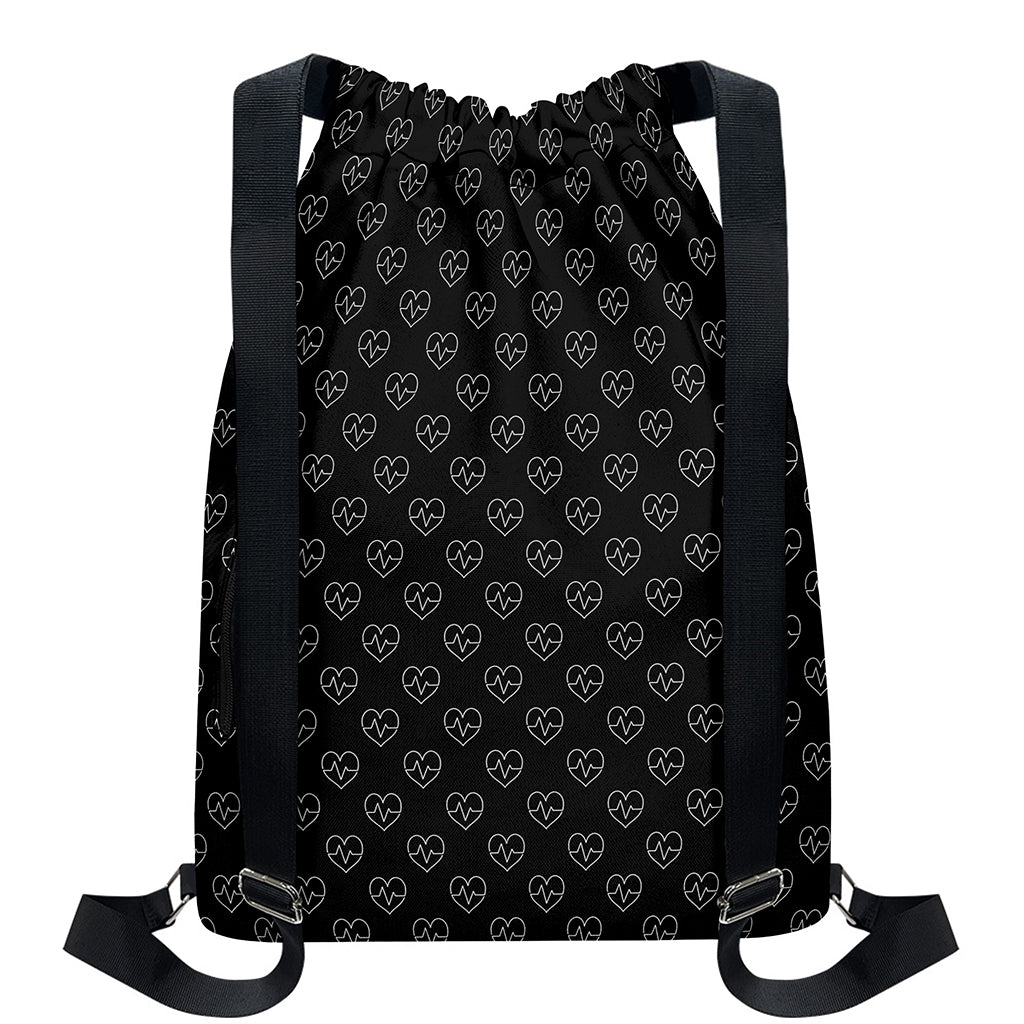 Black And White Heartbeat Pattern Print Drawstring Backpack