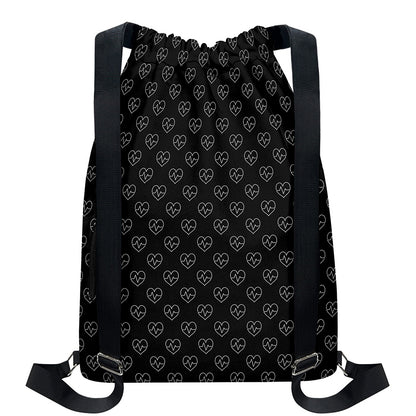 Black And White Heartbeat Pattern Print Drawstring Backpack