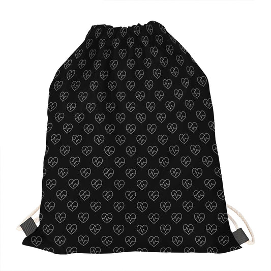 Black And White Heartbeat Pattern Print Drawstring Bag