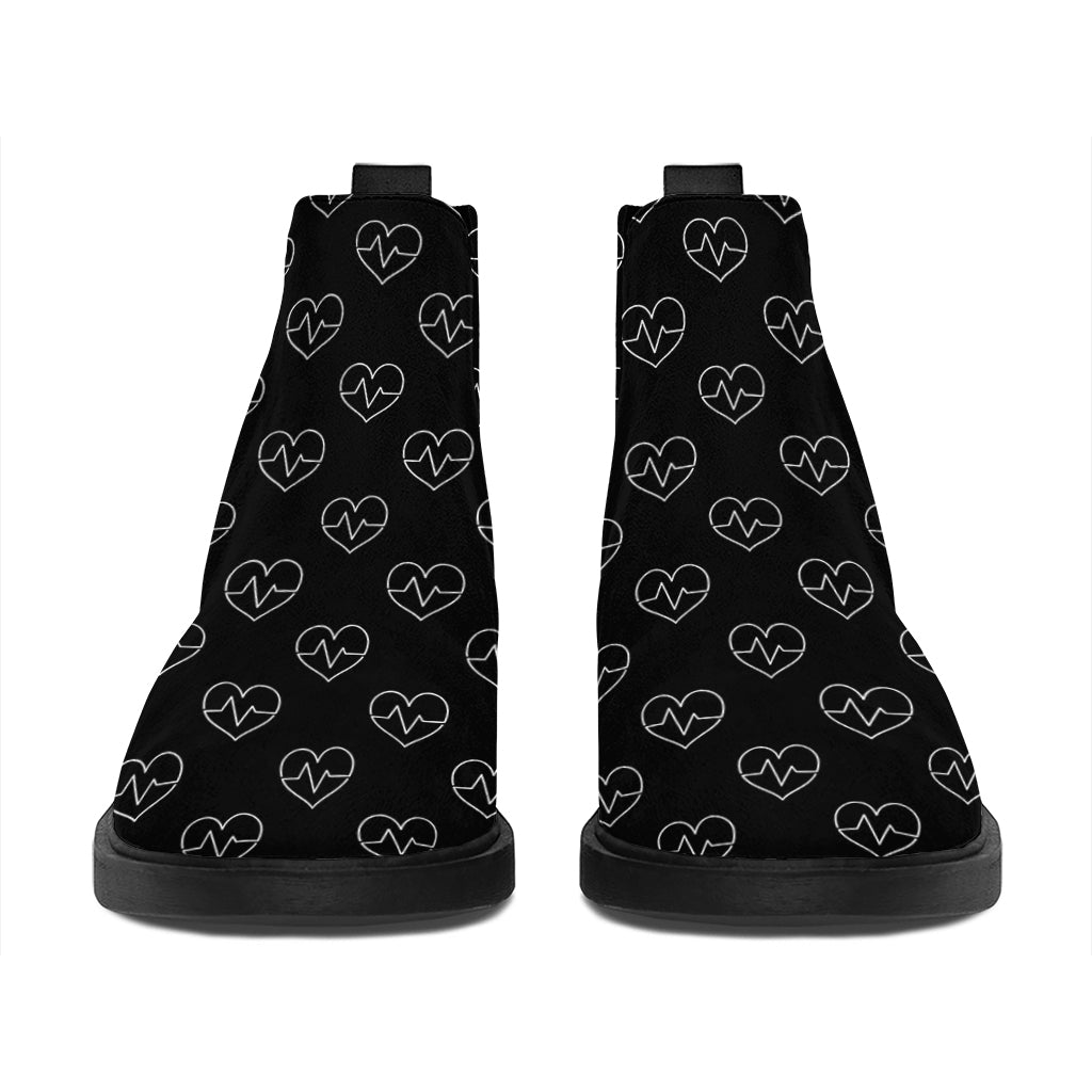 Black And White Heartbeat Pattern Print Flat Ankle Boots