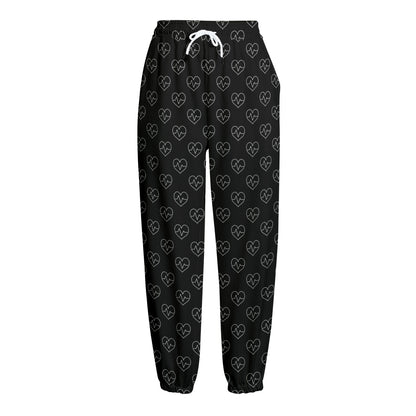 Black And White Heartbeat Pattern Print Fleece Lined Knit Pants