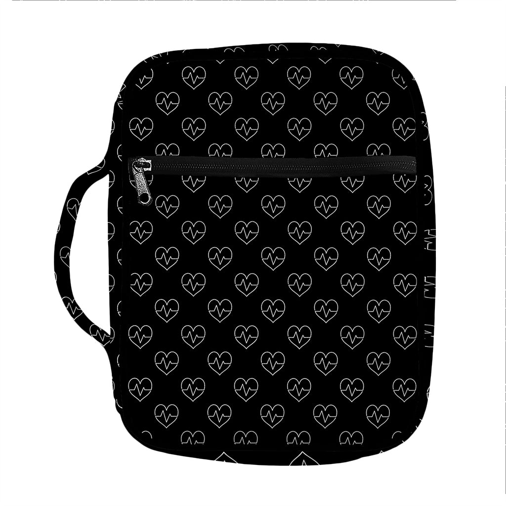 Black And White Heartbeat Pattern Print Front Pocket Bible Bag