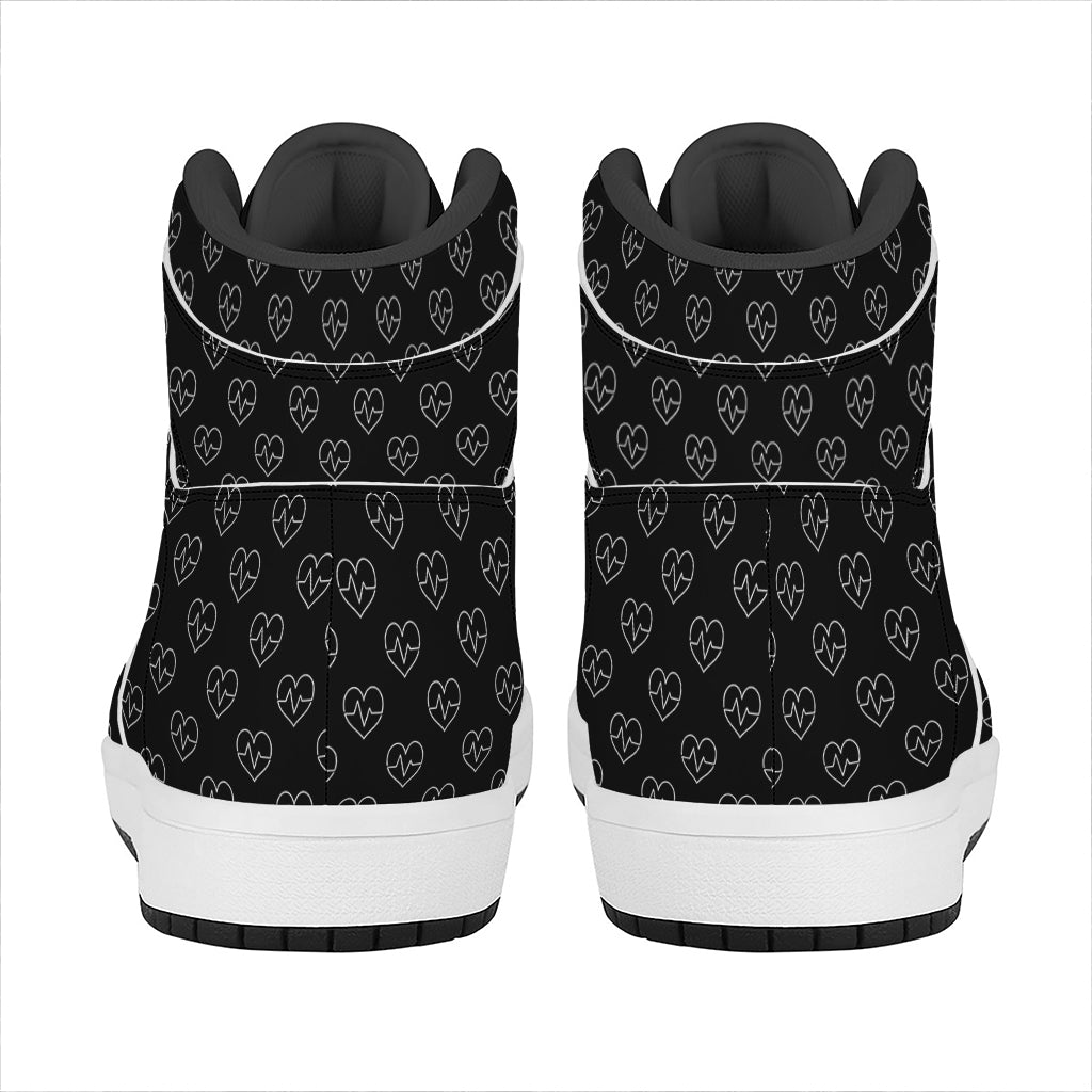 Black And White Heartbeat Pattern Print High Top Leather Sneakers
