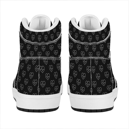 Black And White Heartbeat Pattern Print High Top Leather Sneakers