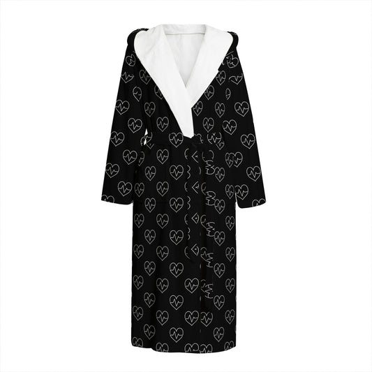 Black And White Heartbeat Pattern Print Hooded Bathrobe