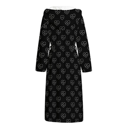 Black And White Heartbeat Pattern Print Hooded Bathrobe