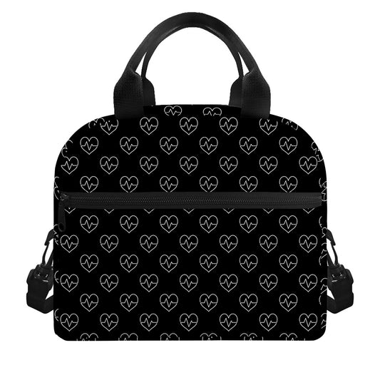 Black And White Heartbeat Pattern Print Insulated Lunch Bag