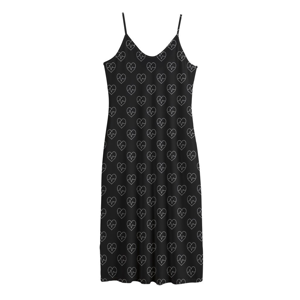 Black And White Heartbeat Pattern Print Jersey Midi Cami Dress
