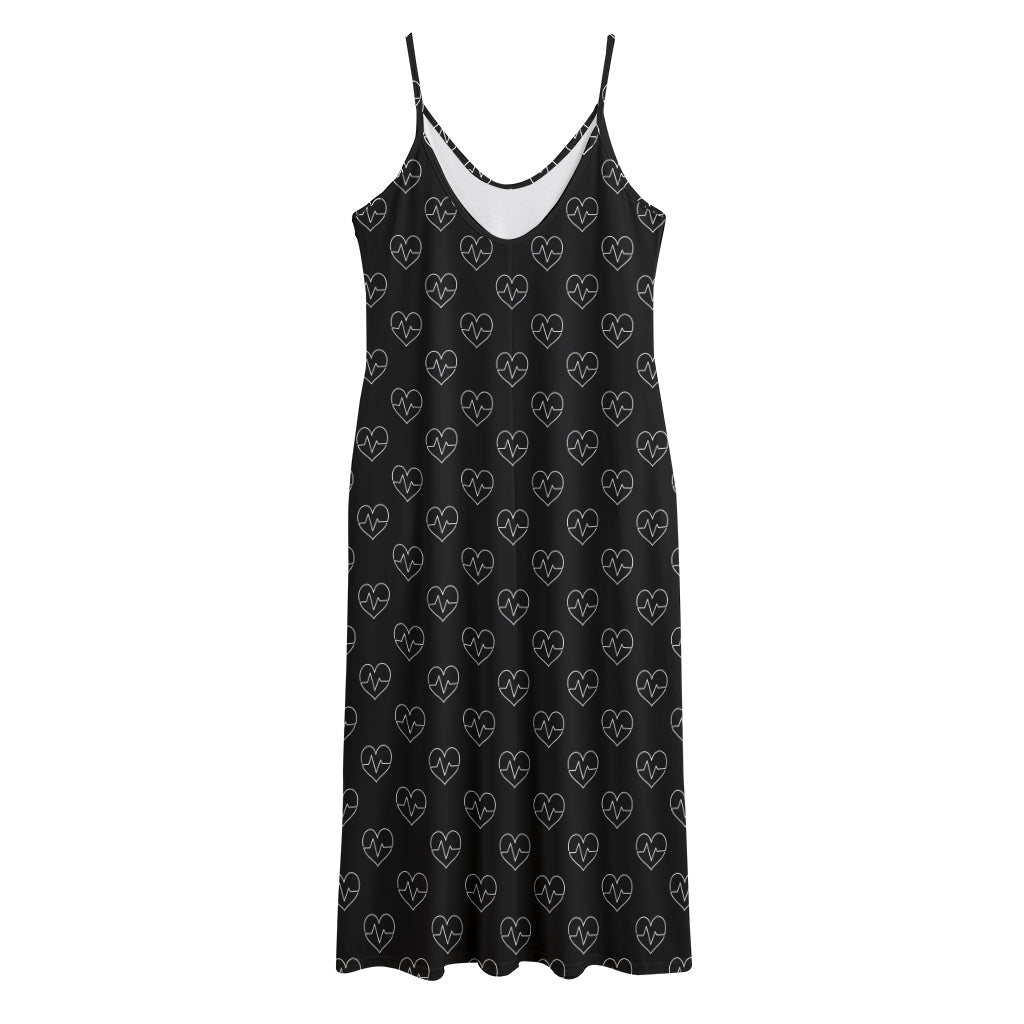 Black And White Heartbeat Pattern Print Jersey Midi Cami Dress