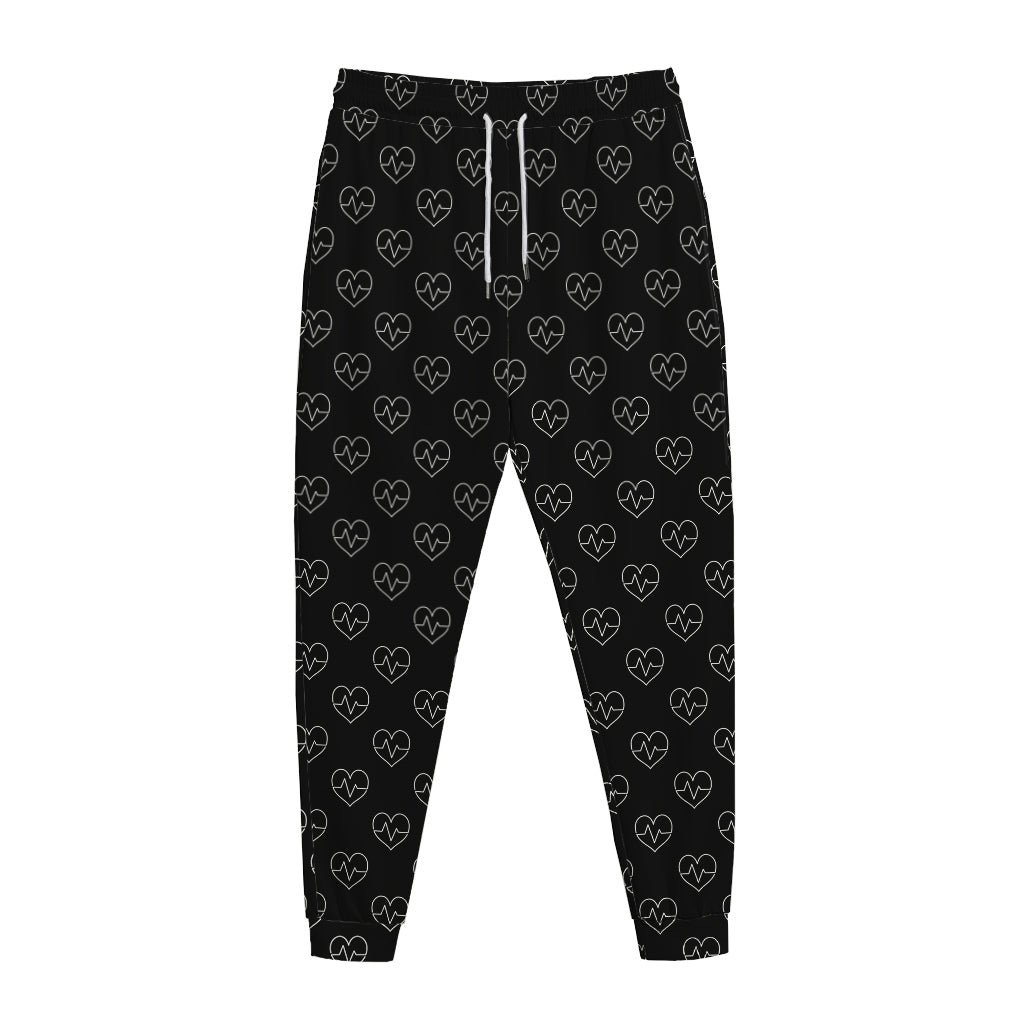 Black And White Heartbeat Pattern Print Jogger Pants