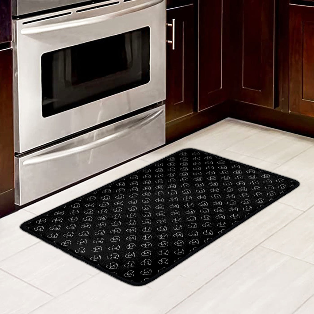 Black And White Heartbeat Pattern Print Kitchen Mat