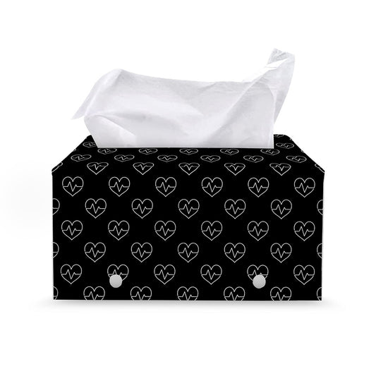 Black And White Heartbeat Pattern Print Leather Tissue Box Cover