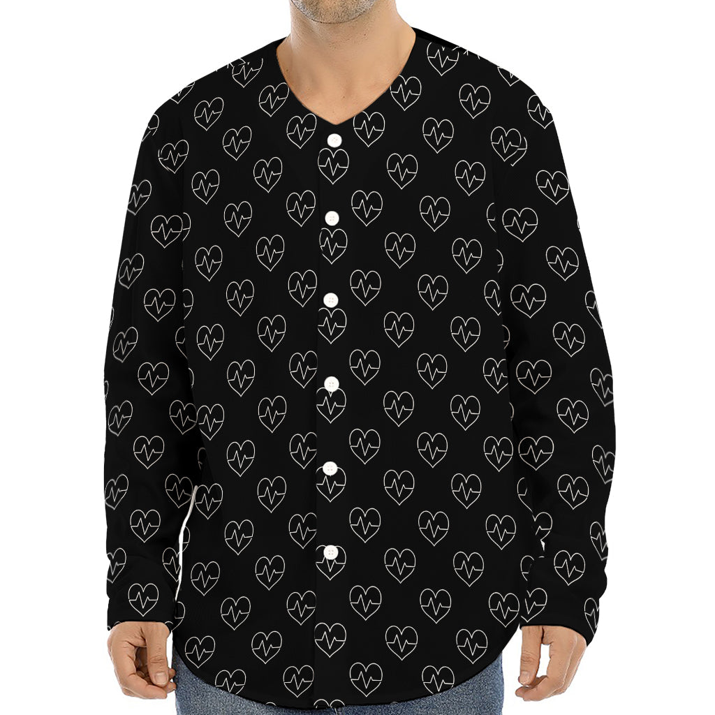 Black And White Heartbeat Pattern Print Long Sleeve Baseball Jersey