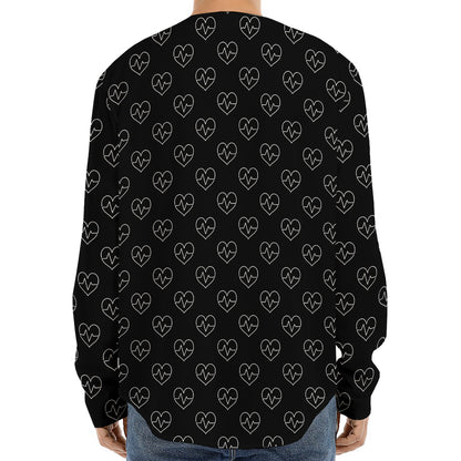 Black And White Heartbeat Pattern Print Long Sleeve Baseball Jersey