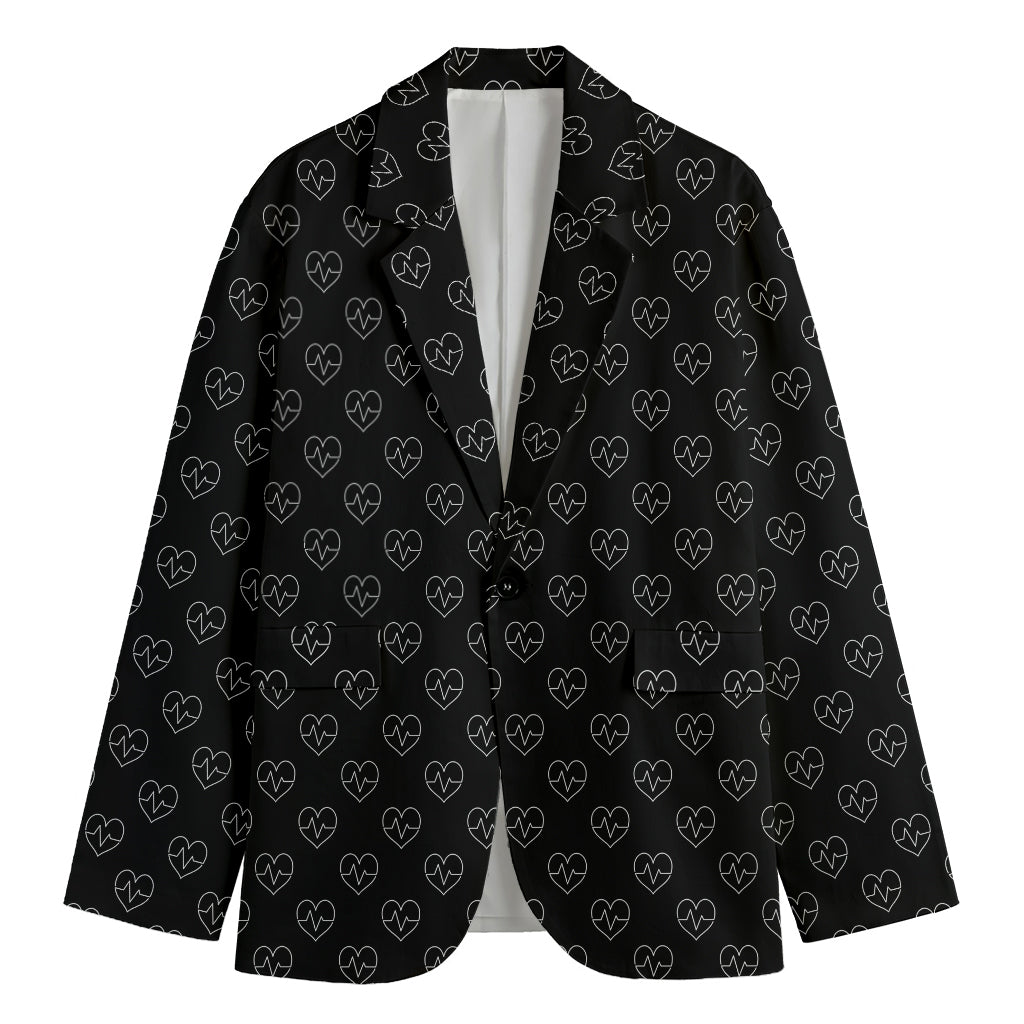 Black And White Heartbeat Pattern Print Men's Cotton Blazer