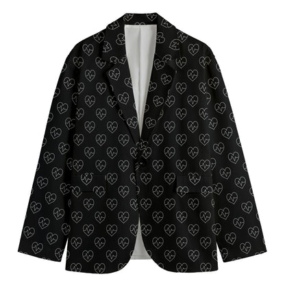 Black And White Heartbeat Pattern Print Men's Cotton Blazer