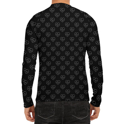 Black And White Heartbeat Pattern Print Men's Long Sleeve Rash Guard
