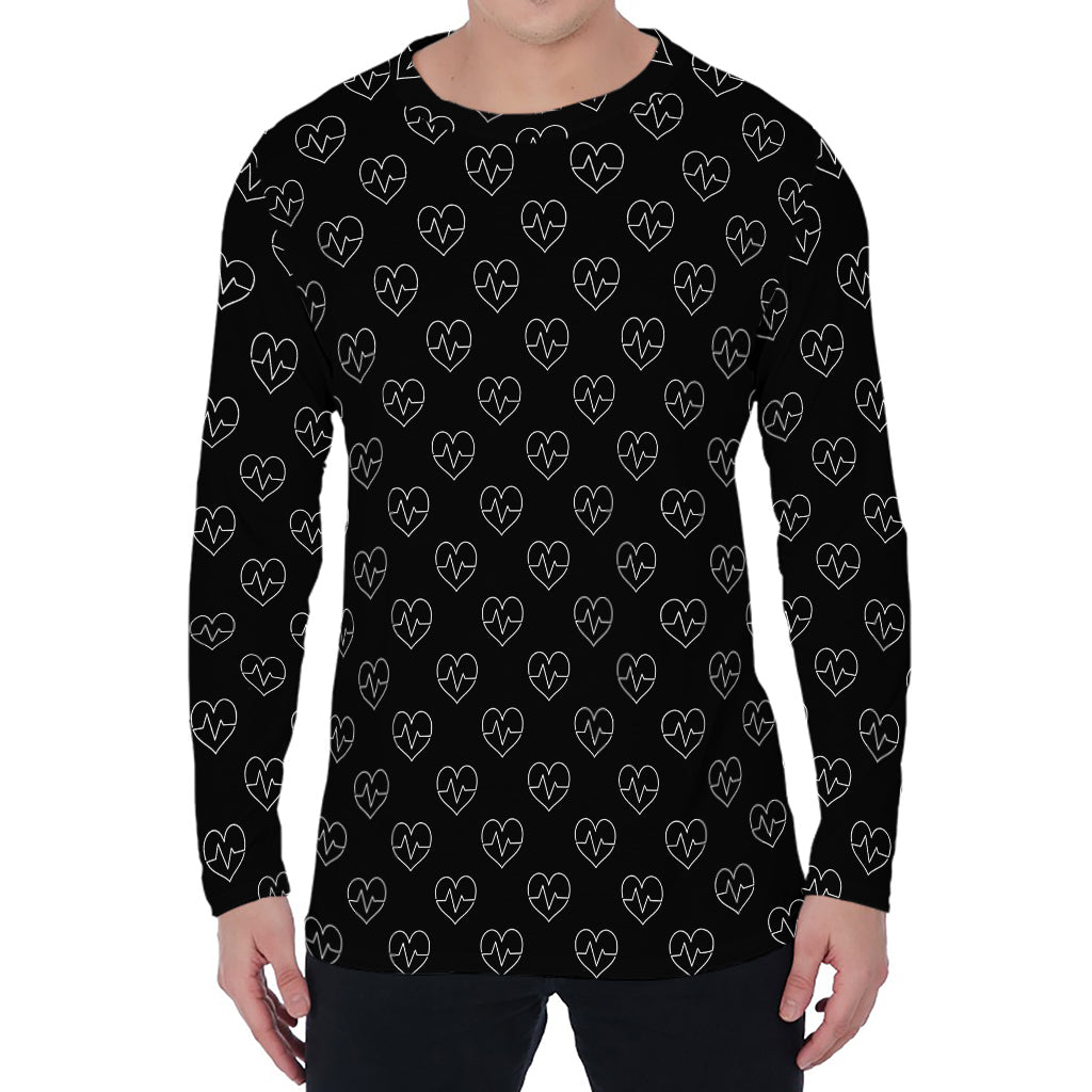 Black And White Heartbeat Pattern Print Men's Long Sleeve T-Shirt
