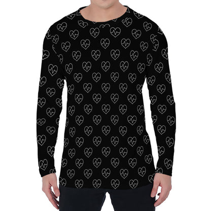 Black And White Heartbeat Pattern Print Men's Long Sleeve T-Shirt