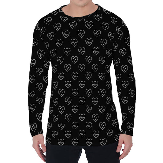 Black And White Heartbeat Pattern Print Men's Long Sleeve T-Shirt