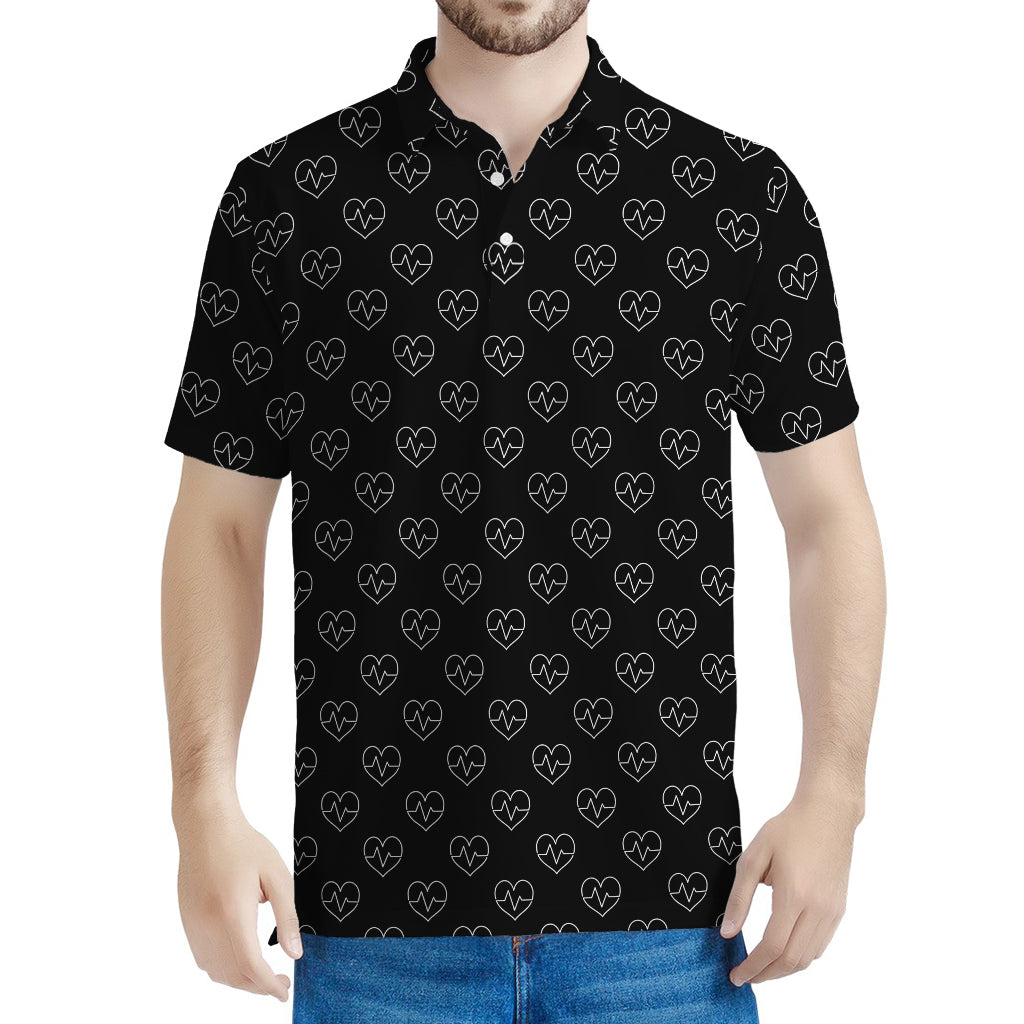 Black And White Heartbeat Pattern Print Men's Polo Shirt