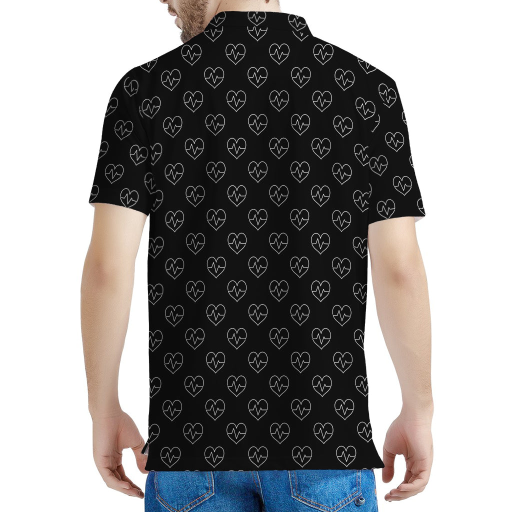 Black And White Heartbeat Pattern Print Men's Polo Shirt