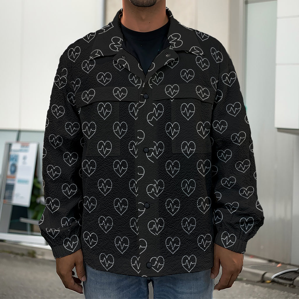 Black And White Heartbeat Pattern Print Men's Shirt Jacket