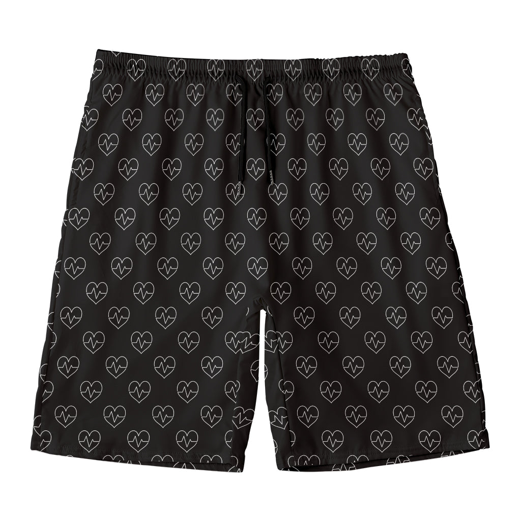 Black And White Heartbeat Pattern Print Men's Swim Trunks
