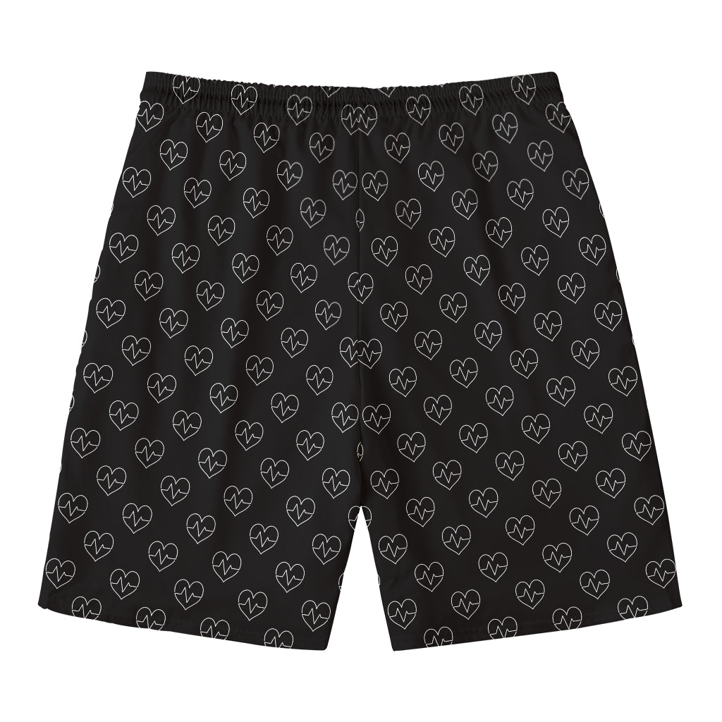 Black And White Heartbeat Pattern Print Men's Swim Trunks