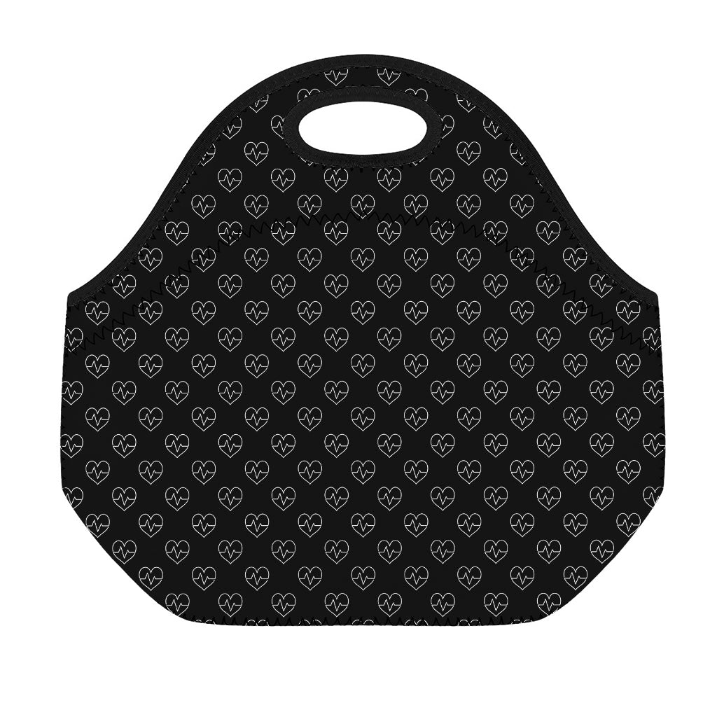 Black And White Heartbeat Pattern Print Neoprene Lunch Bag
