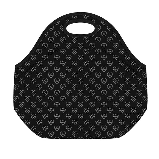 Black And White Heartbeat Pattern Print Neoprene Lunch Bag